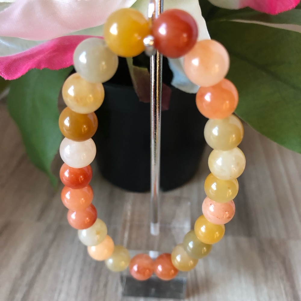Golden Jade Natural Stone Beads Stretchable Bracelet 7" - 8mm Beads Best Gift